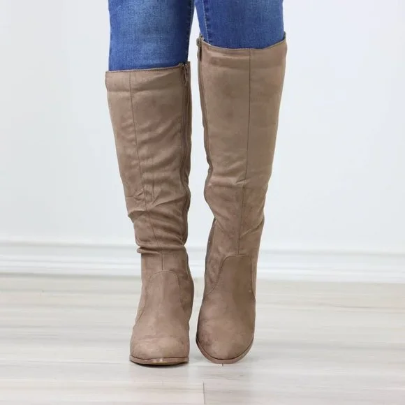 Tan Block Heeled Boots Below The Knee Faux Suede Pointed Toe Womens - Picture 10 of 14